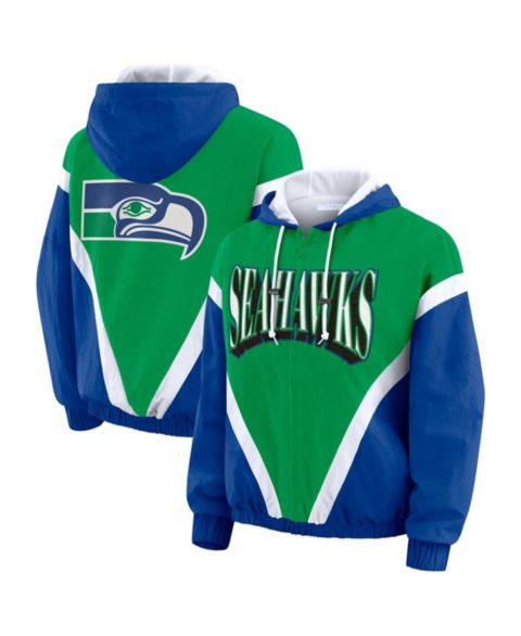 Женские куртки WEAR by Erin Andrews Women's Kelly Green/Royal Seattle Seahawks Plus Size Retro Crinkle Full-Zip Windbreaker Jacket