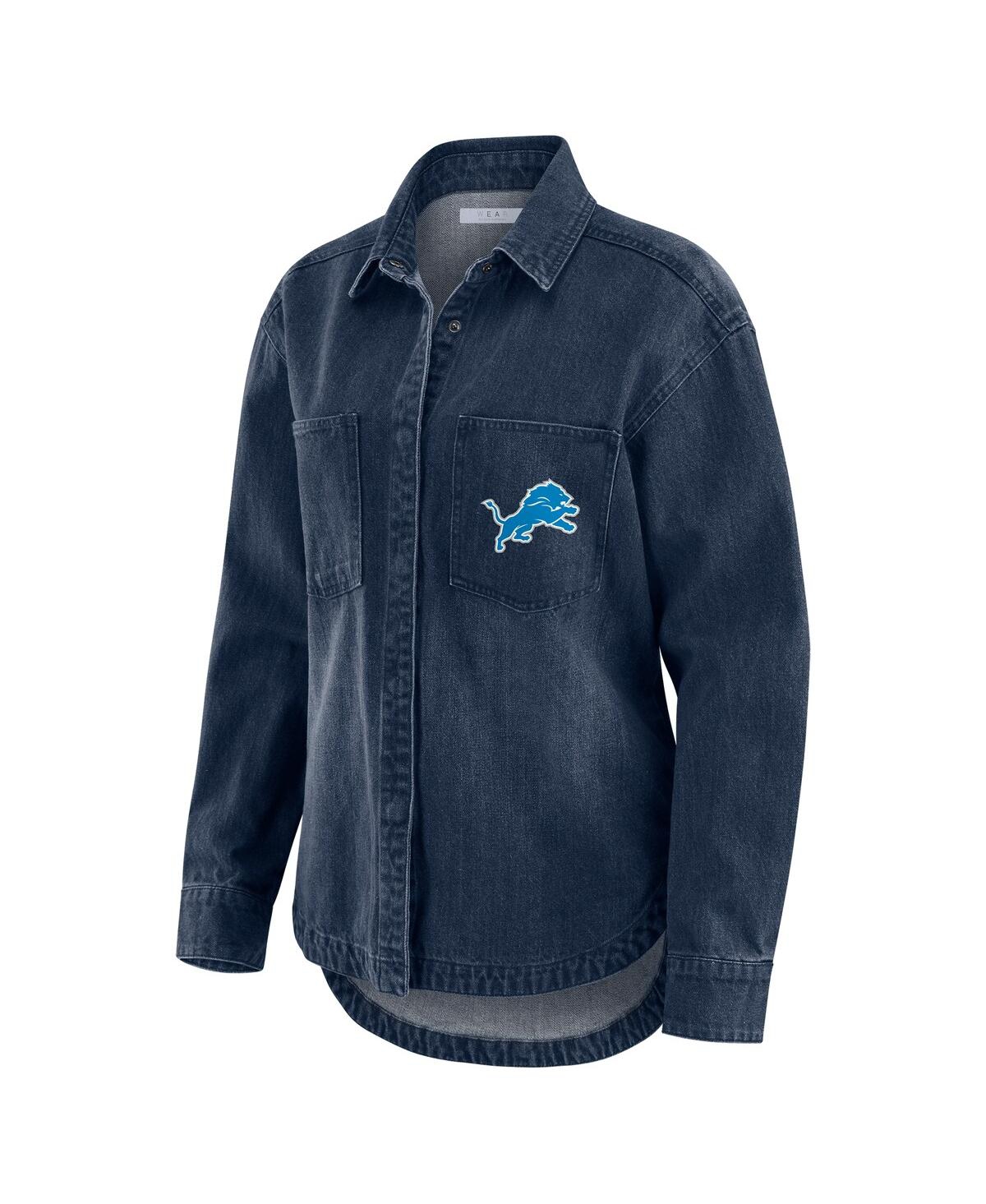 Wear By Erin Andrews Women's Denim Detroit Lions Washed Oversized Denim Full-snap Shacket In Blue
