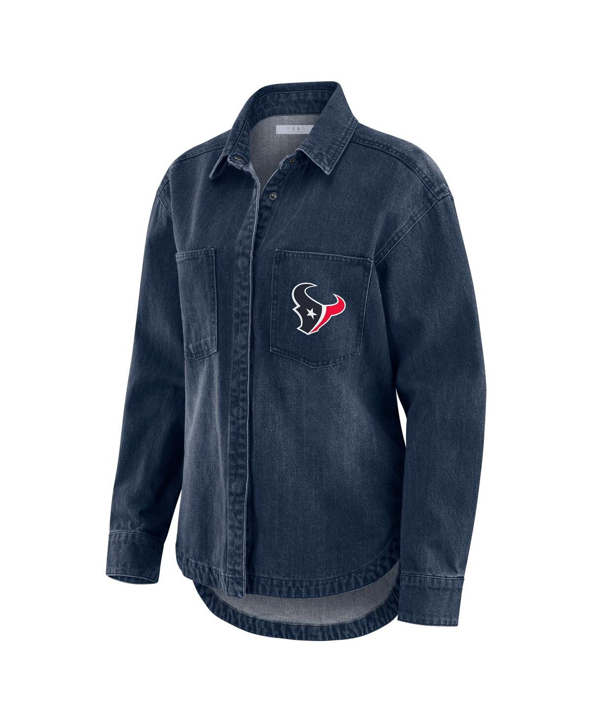 Wear By Erin Andrews Women's Denim Houston Texans Washed Oversized Denim Full-snap Shacket In Blue
