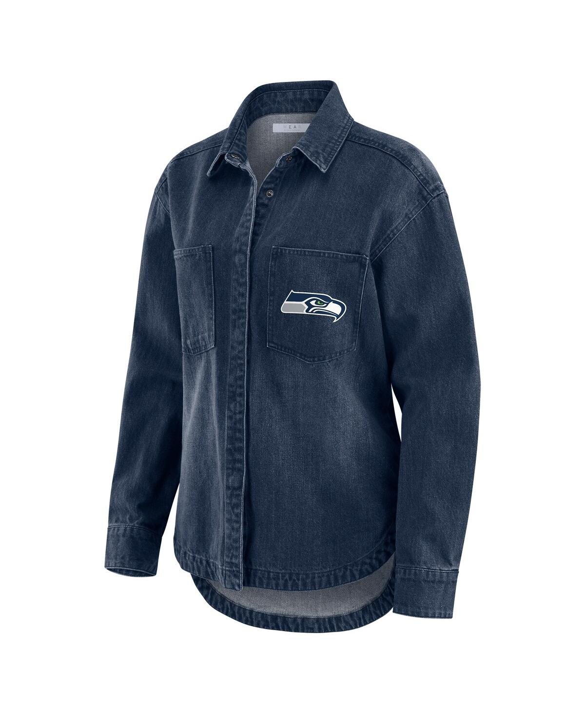 Wear By Erin Andrews Women's Denim Seattle Seahawks Washed Oversized Denim Full-snap Shacket In Blue