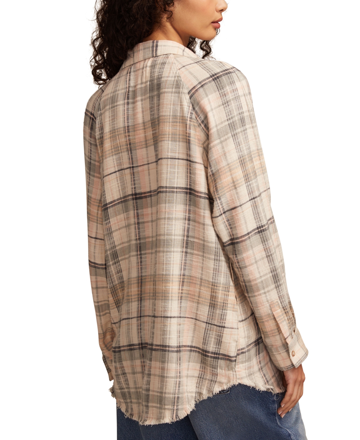 Lucky Brand Frayed Plaid Button-up Tunic Shirt In Brown