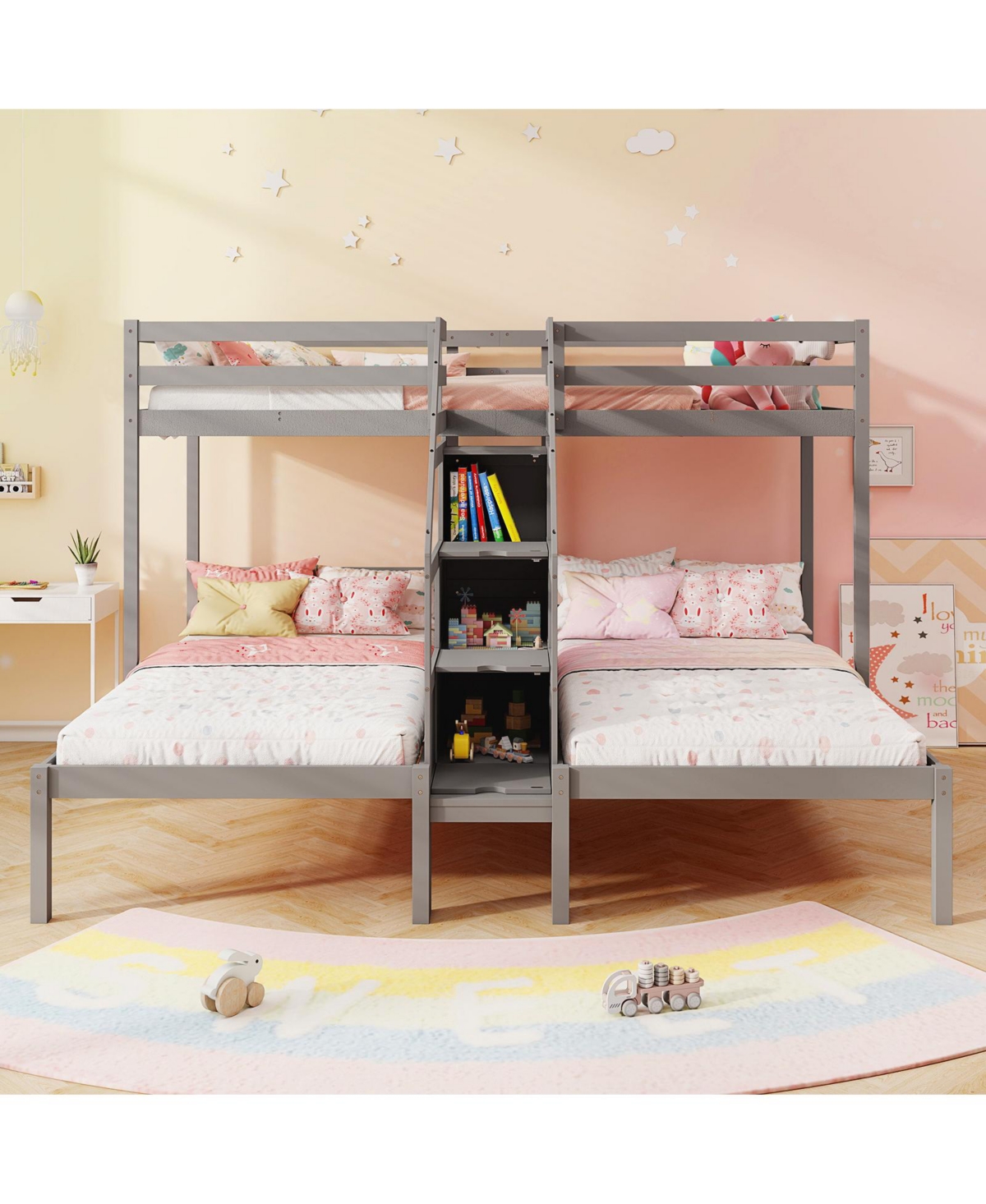 Gymax Wooden Twin Over Twin & Twin Bunk Bed w/ 4-Step Storage Staircase Guardrail