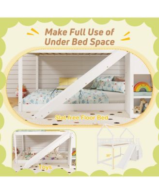 Twin Over Twin Bunk Bed w/Slide & Staircase Storage Compartments for Kids Teens
