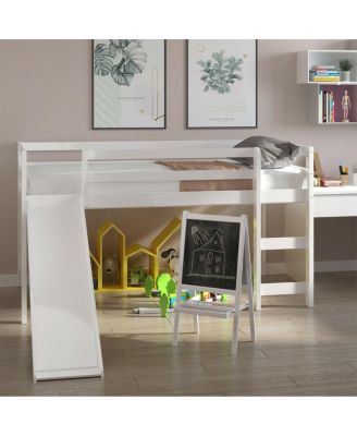 Twin Size Loft Bed with Slide Wood Low Sturdy Loft Bed Bedroom