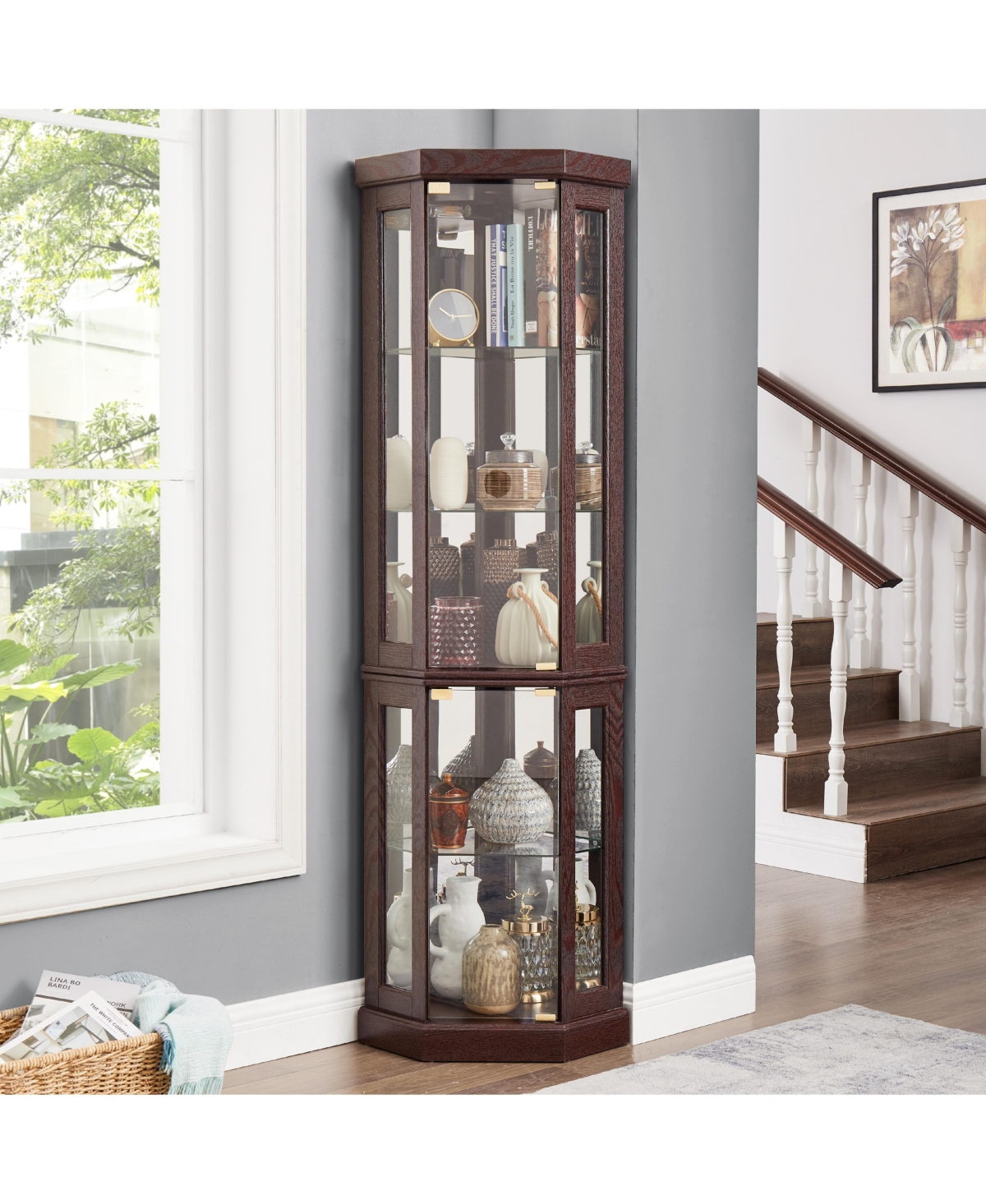 Lovmor Elegant Corner Curio Cabinet with Glass Doors Mirrored Panels and Adjustable Shelves