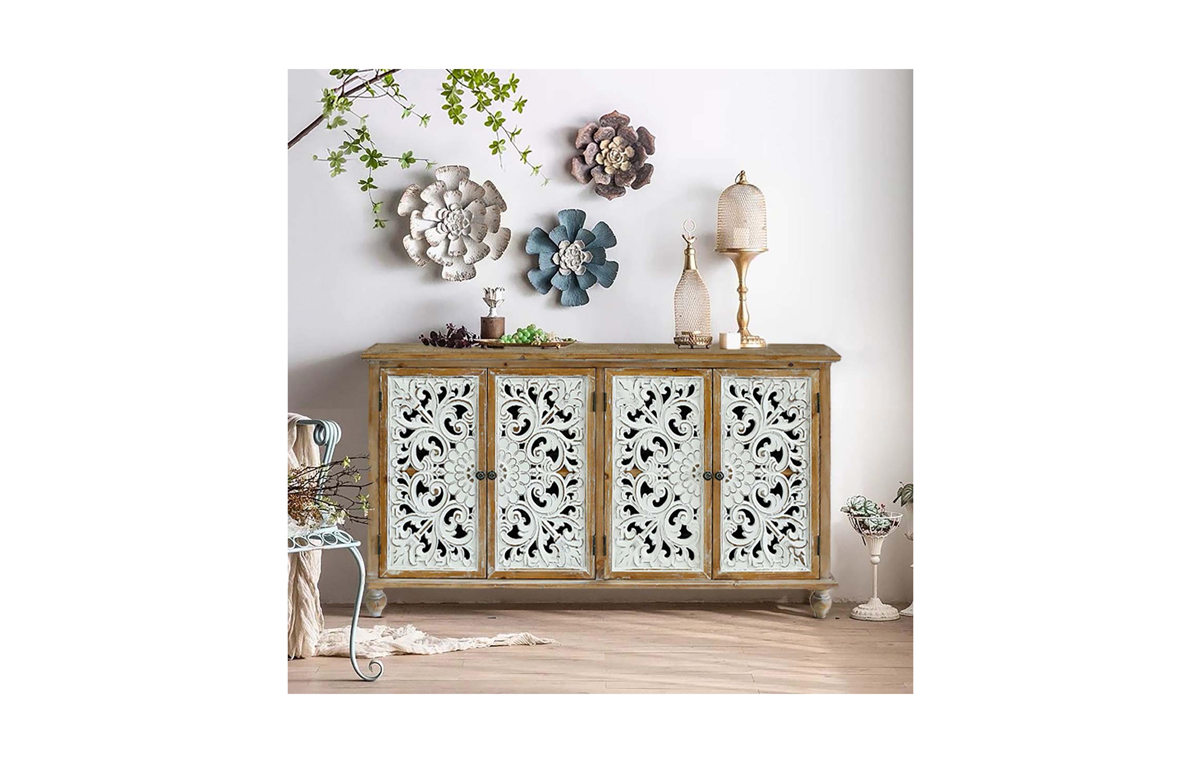 Lovmor Brand 4-Door Fir Wood & Mdf Distressed Finish, Hollow-Carved Doors + Accent Cabinet