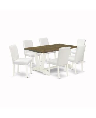 7-Piece Modern Dining Room Table Set with Distressed Jacobean Table and 6 PU Leather Chairs