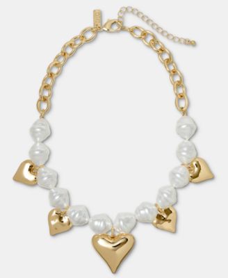 Heart Charm Imitation Pearl Beaded Statement Necklace, 16" + 3" extender, Macy's Exclusive