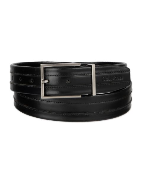 Мужской ремень Calvin Klein 35MM Stripe Stitch Leather Dress Belt, цвет: Чёрный