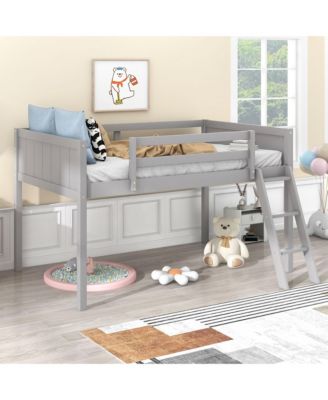 Twin Size Wood Low Loft Bed with Ladder, ladder can be placed on the left or right