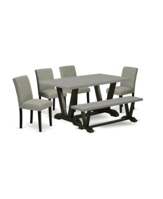 6-Pc Set Top Table with Bench & High-Back Upholstered Dining Chairs
