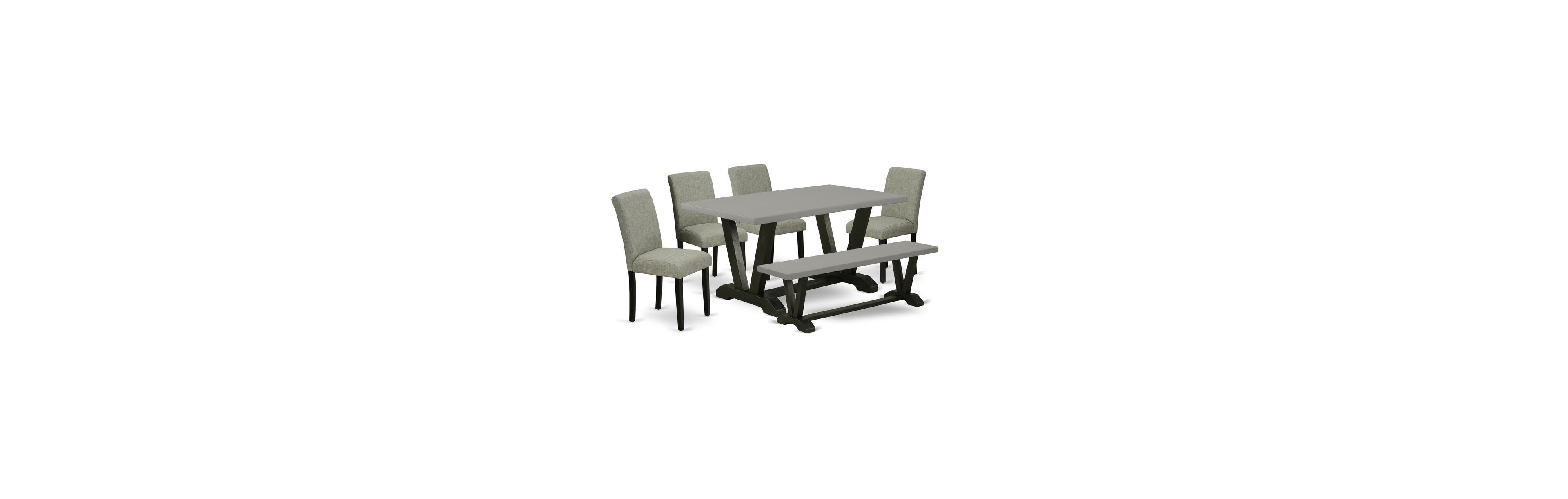 East West Furniture 6-Pc Kitchen Table Set - 4 Parson Chairs, a Wooden Bench Cement Top and 1 Modern Cement Dining Table Top with High Chair Back