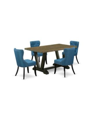 5-Pc Dining Room Set- 4 Dining Room Chairs with Blue Linen Fabric Seat and Button Tufted Chair Back - Rectangular Table Top & Wooden Legs
