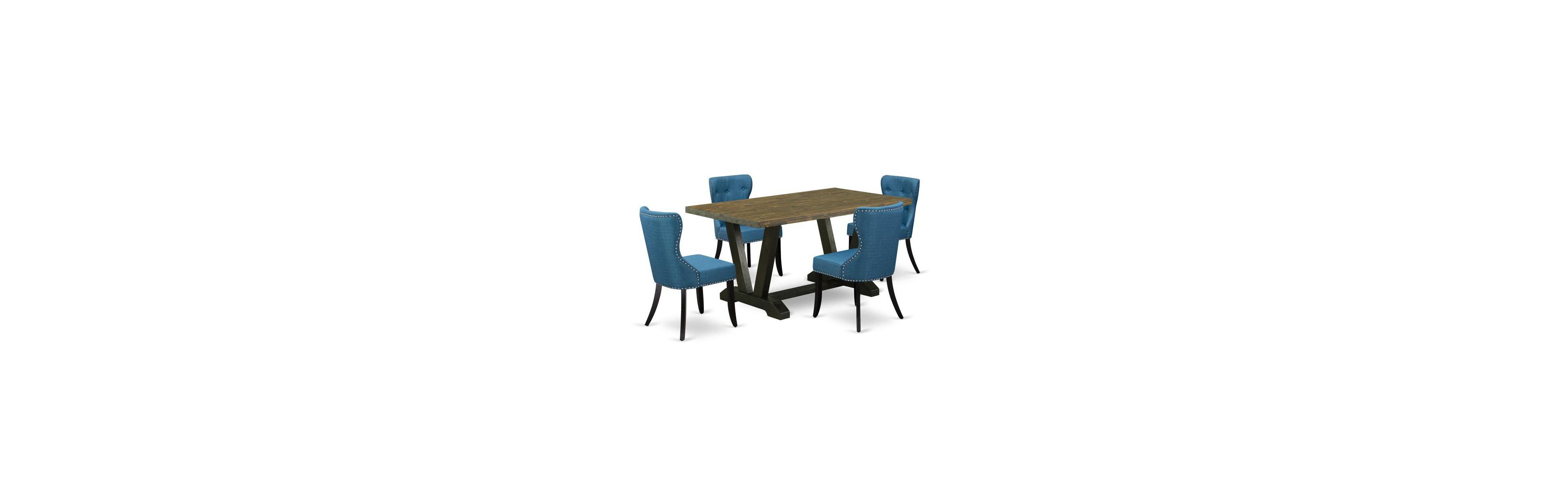 East West Furniture 5-Pc Dining Room Set- 4 Dining Room Chairs with Blue Linen Fabric Seat and Button Tufted Chair Back
