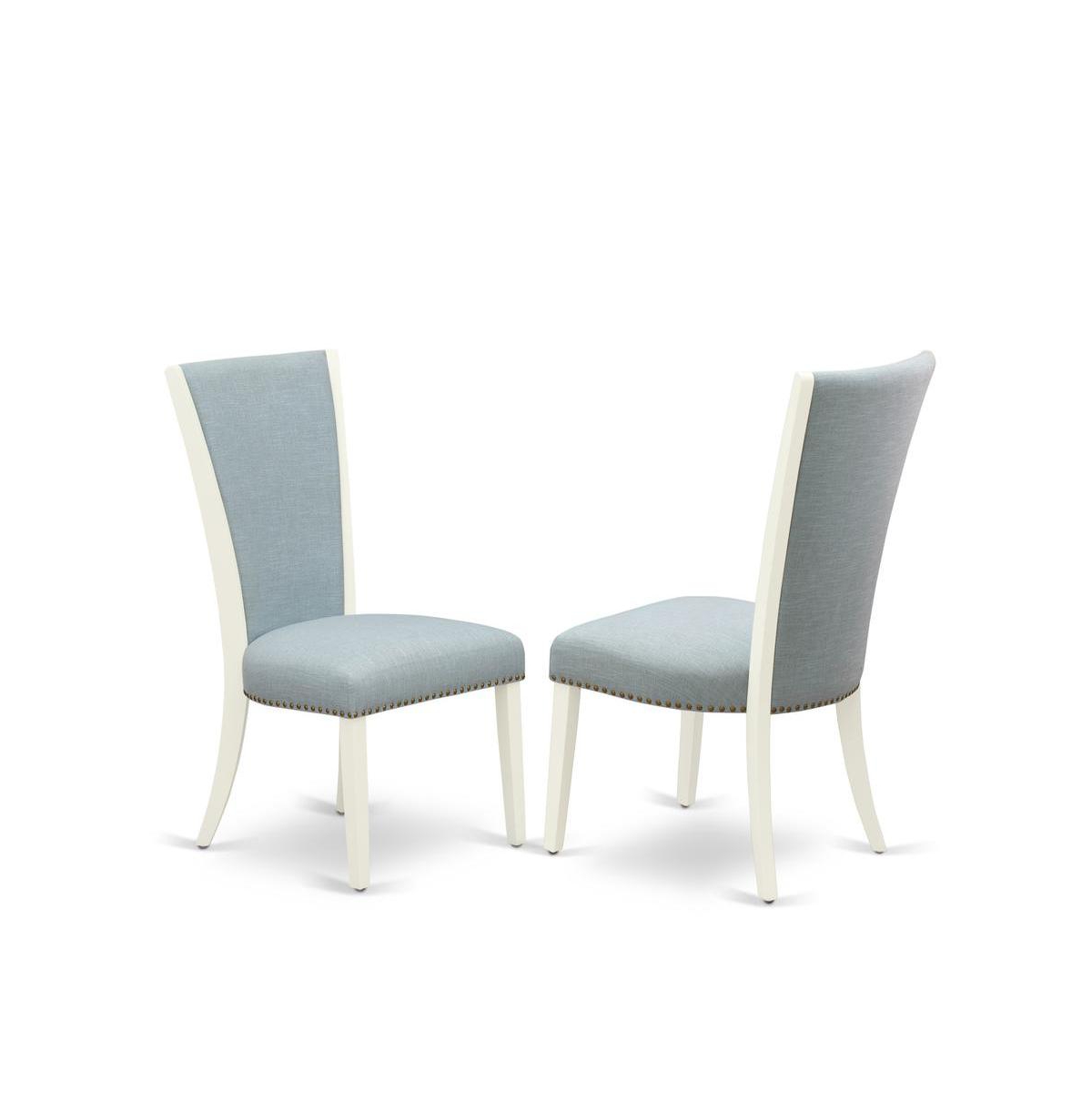 East West Furniture 5 Piece Dining Room Table Set - 4 Baby Blue Linen Fabric Dining Room Chair with Nail heads and Cement Dining Room Table