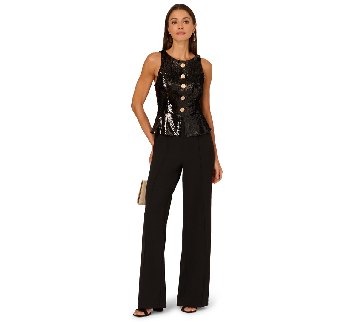 Adrianna Women's Crew Neck Sequin Bodice Wide-leg Jumpsuit In Black