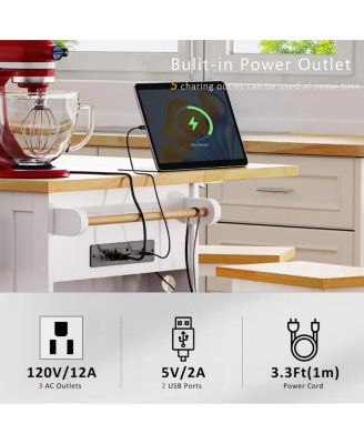 50" Kitchen Island Cart with Drop Leaf, Power Outlet & Storage Shelves, Rolling Kitchen Storage Cabinet with Wheels