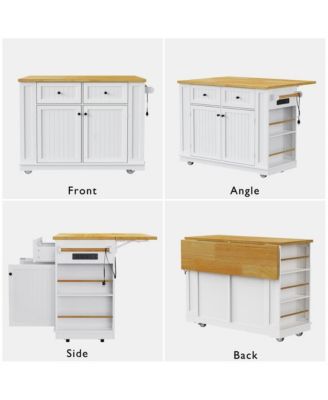 48'' Farmhouse-Style White Kitchen Island Cart with Foldable Countertop, Power Strip, 5 Side Racks, and Drawers