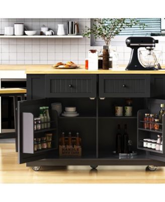 48'' Farmhouse-Style White Kitchen Island Cart with Foldable Countertop, Power Strip, 5 Side Racks, and Drawers