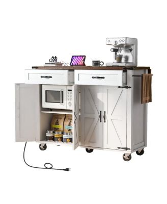 47.2" Farmhouse Rolling Kitchen Island Cart with Drop Leaf, Power Outlet, Spice Rack, Drawers & Storage Cabinet