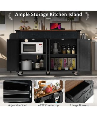 47.2" Farmhouse Rolling Kitchen Island Cart with Drop Leaf, Power Outlet, Spice Rack, Drawers & Storage Cabinet