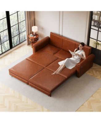 93.7" Faux Leather King Pull Out Sofa Bed, 3-in-1 Convertible Sleeper Couch with Rolled Arms & Nailhead Trim for Living Room