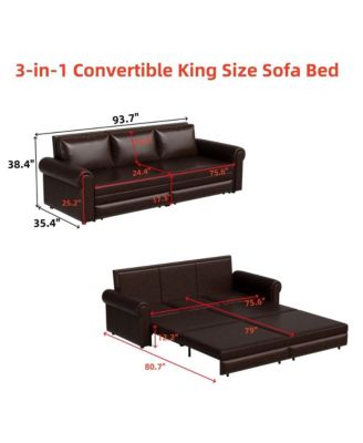 93.7" Faux Leather King Pull Out Sofa Bed, 3-in-1 Convertible Sleeper Couch with Rolled Arms & Nailhead Trim for Living Room