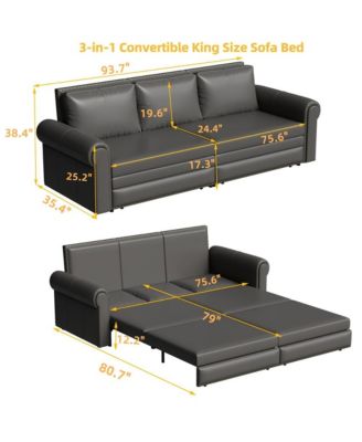 93.7" Faux Leather King Pull Out Sofa Bed, 3-in-1 Convertible Sleeper Couch with Rolled Arms & Nailhead Trim for Living Room