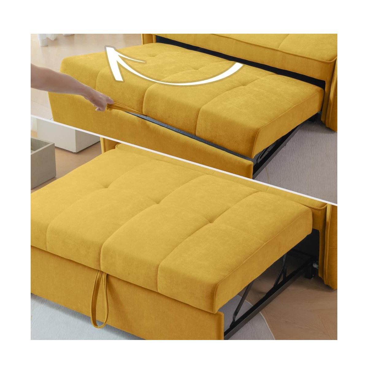 Maison Boucle Chenille Sleeper Loveseat, Yellow Pull-Out Sofa Bed with Adjustable Armrests for Small Spaces & Guest Room-Maison Boucle