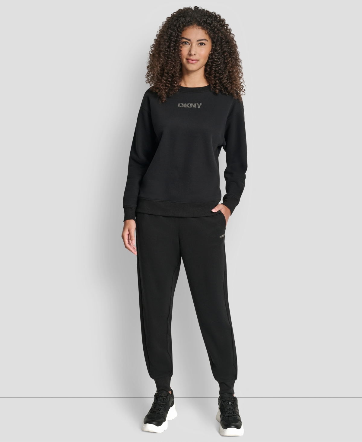 Dkny Women's Rhinestone Logo Long Line Crewneck Sweatshirt In Black