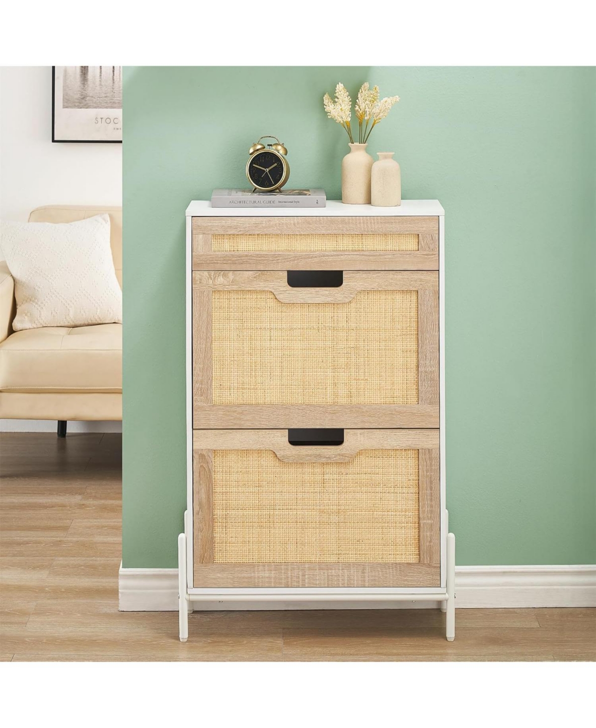 Natural Rattan Storage Cabinet with 2 Flip Drawers, Wooden Entry Way Cabinet with Storage with Adjustable Shelf and Metal Legs, White