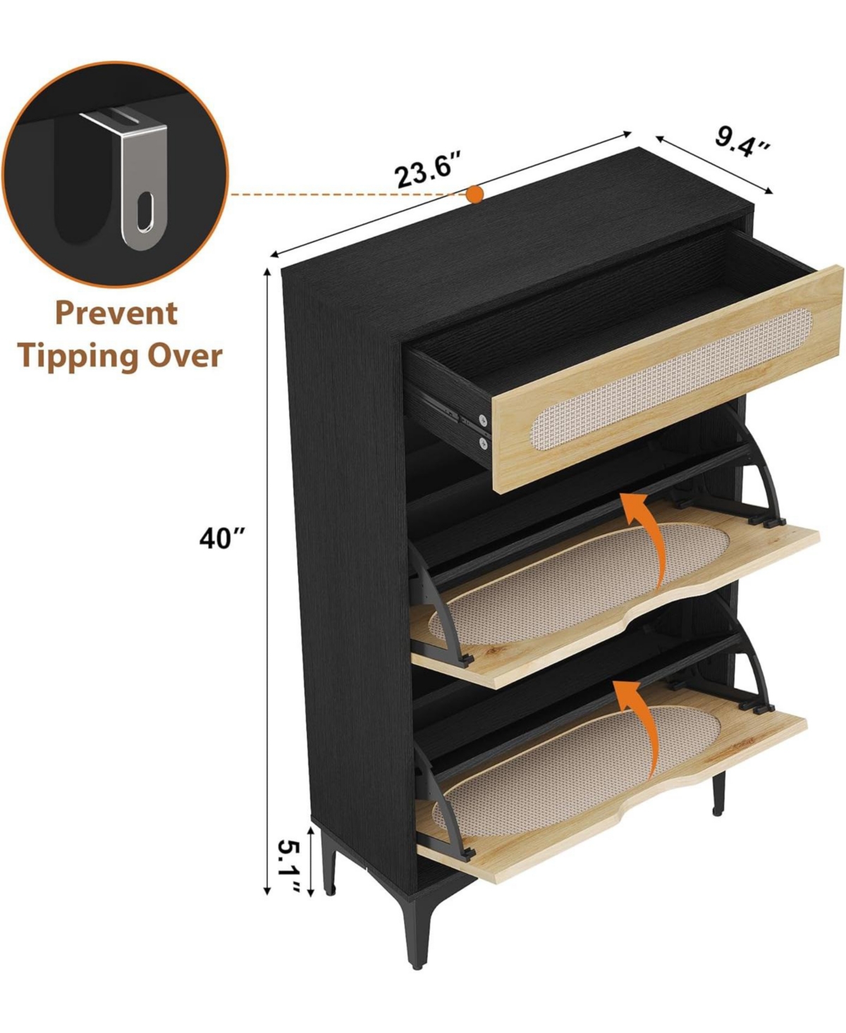 gaomon Rattan Shoe Cabinet with 2 Flip Drawers and 1 Pull-Out Drawer, Free Stand Shoe Storage Cabinet, 3 Adjustable Shelf, Narrow Shoe Cabinet for Ent