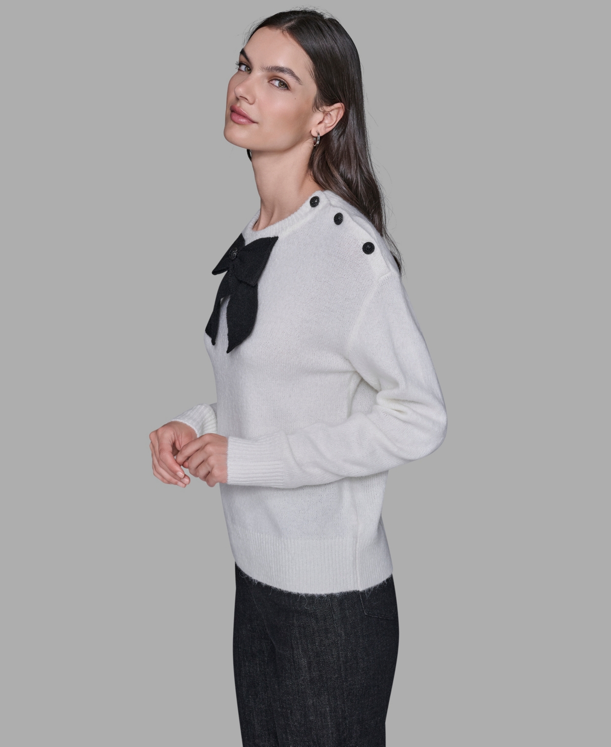 Karl Lagerfeld Paris Women's Big Bow Applique Long Sleeve Sweater