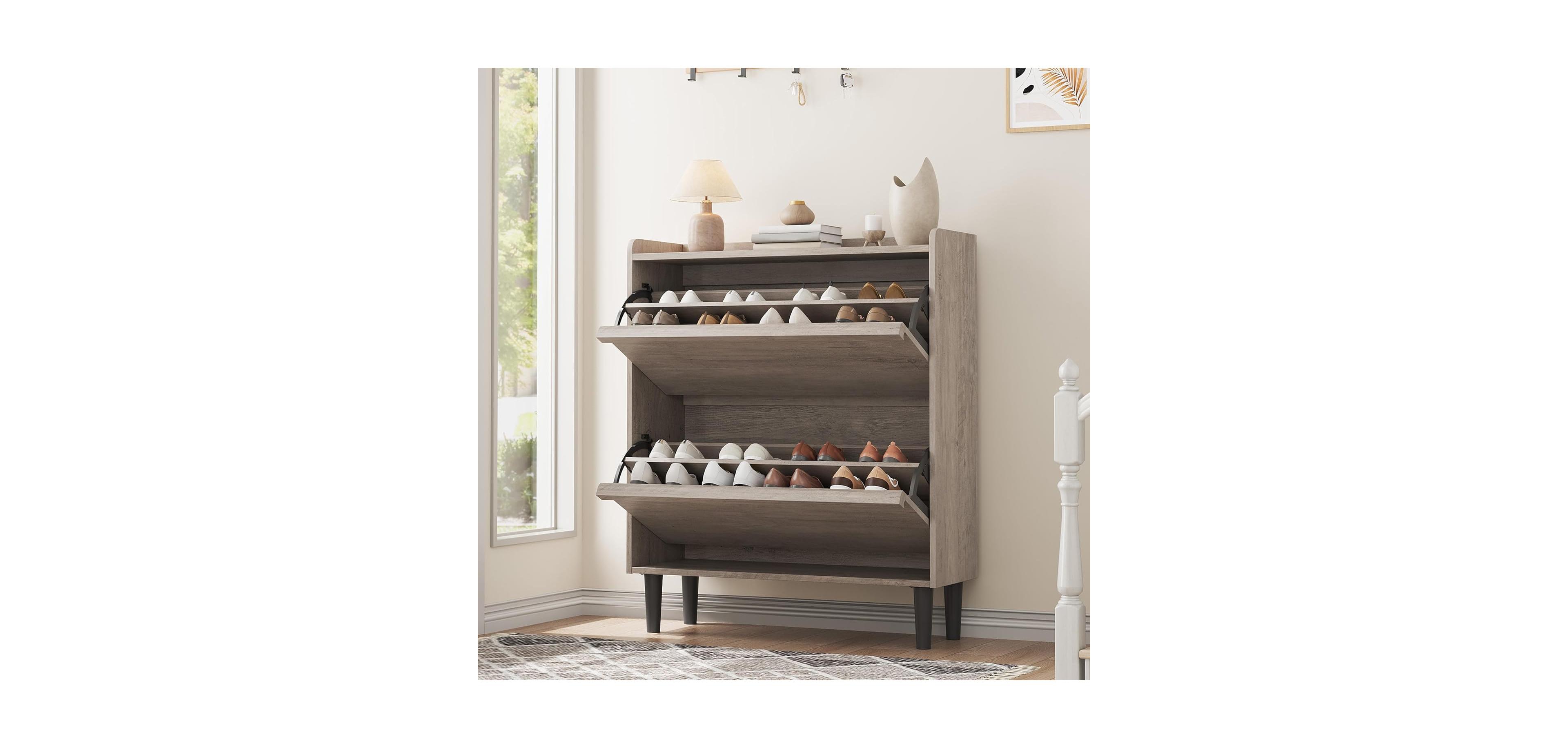 gaomon Shoe Cabinet with 2 Flip Drawers,Wooden Shoe Organizer Cabinet with Adjustable Shelf,Shoe Storage for Entryway, Grey