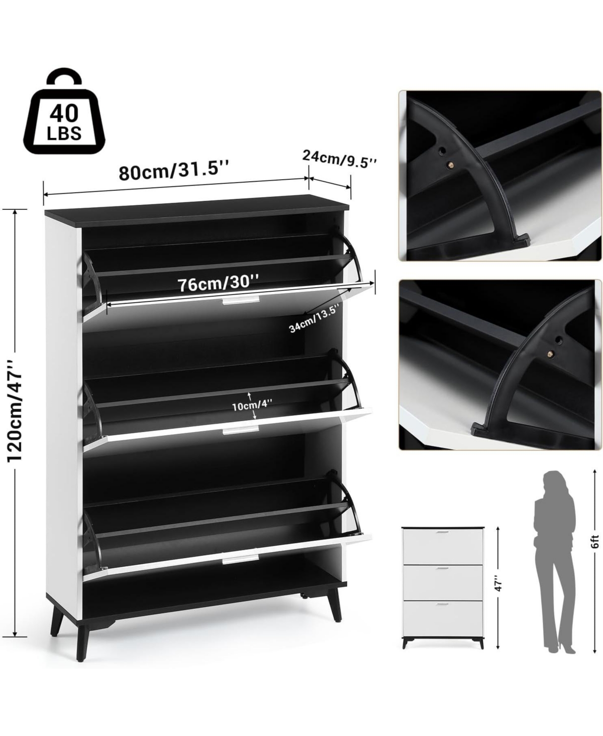 Shoe Cabinet, Shoe Storage Cabinet with 3 Flip Drawers, 47 in Tall Freestanding Shoes Organizer with Legs, Farmhouse Narrow Shoe Rack, Slim Shoe Cabin