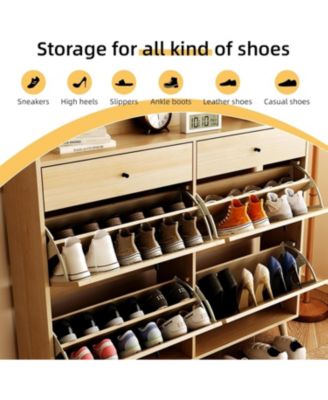 Shoe Cabinet Storage with 4 Flip Drawers, Rattan Narrow Shoe Rack Cabinet Storage for Entryway Hallway Living Room Closet, Nature Oak