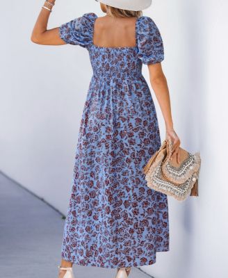 Women's Square Neck Puff Sleeve Floral Maxi Dress