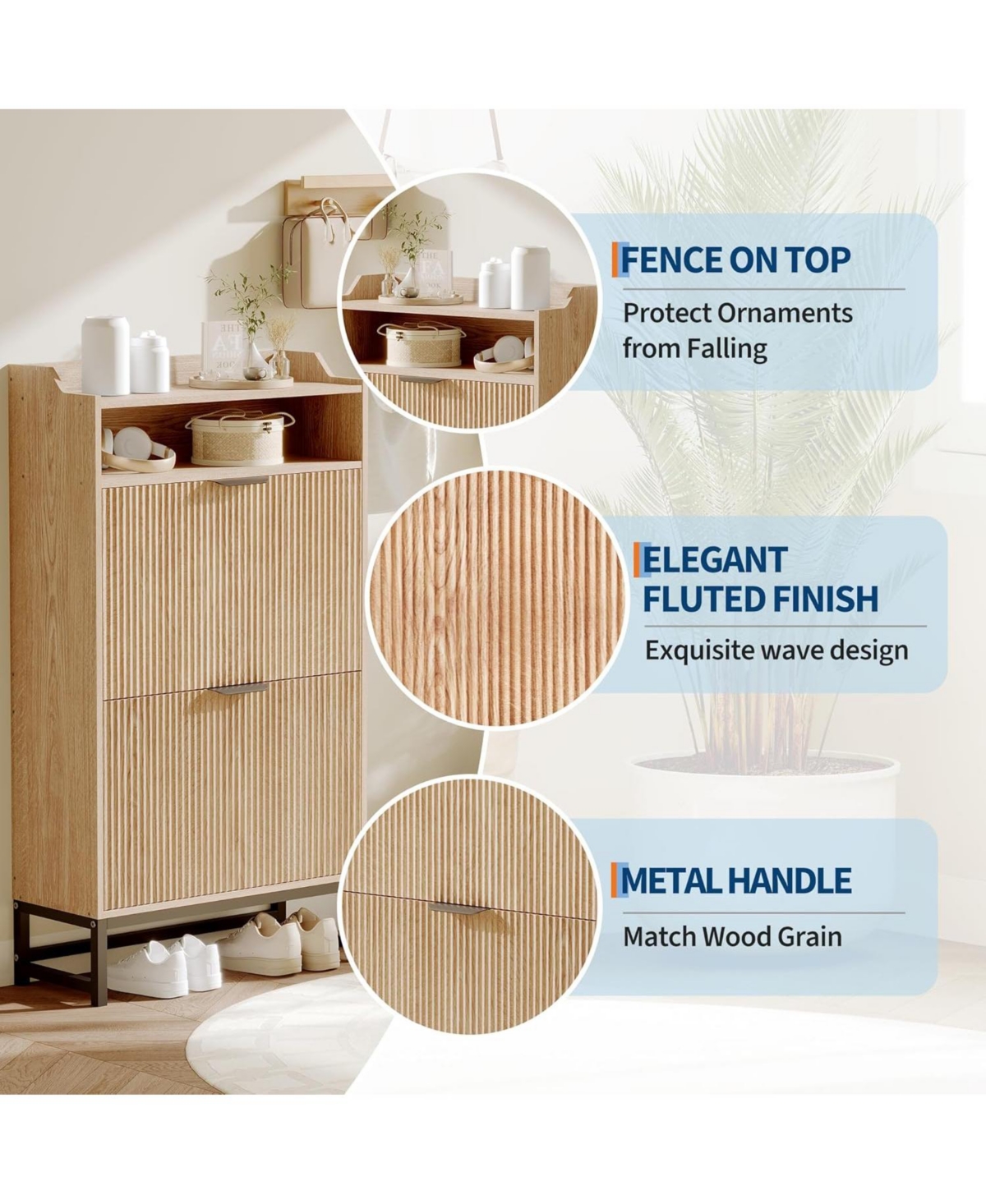 gaomon Fluted Shoe Cabinet Storage for Entryway, Wood Shoe Rack with 2 Flip Drawers and Open Shelf, Modern Entryway Organizer for Foyer, Hallway, Natu