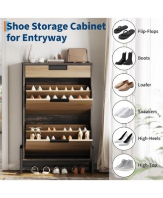 Shoe Storage Organizer with 2 Flip Drawers and 1 Drawer, Freestanding Narrow Shoe Rack, Shoe Storage Organizer with 3-Tier Adjustable Shelves, Oak