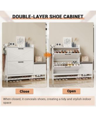 Shoe Cabinet with 2 Flip-Drawers & Storage Bench, Farmhouse Wood Freestanding Shoe Rack with 2 Hooks & Bottom Shelf, White