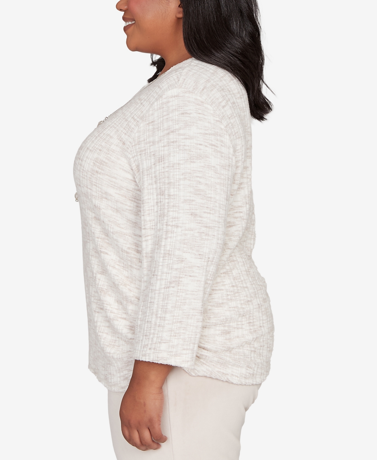 Alfred Dunner Plus Size Calm Luxe Space Dye Knit Top With Necklace In Neutral