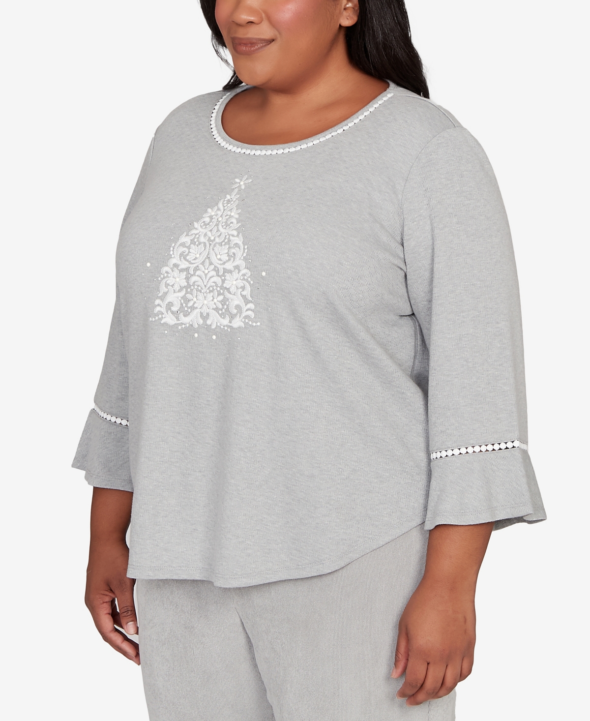 Alfred Dunner Plus Size Stockbridge Christmas Tree Embellished Knit Top In Gray