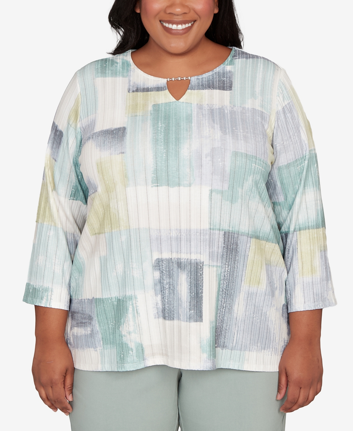 Alfred Dunner Plus Size Stockbridge Soft Colorblock Rib Texture Knit Top In Blue