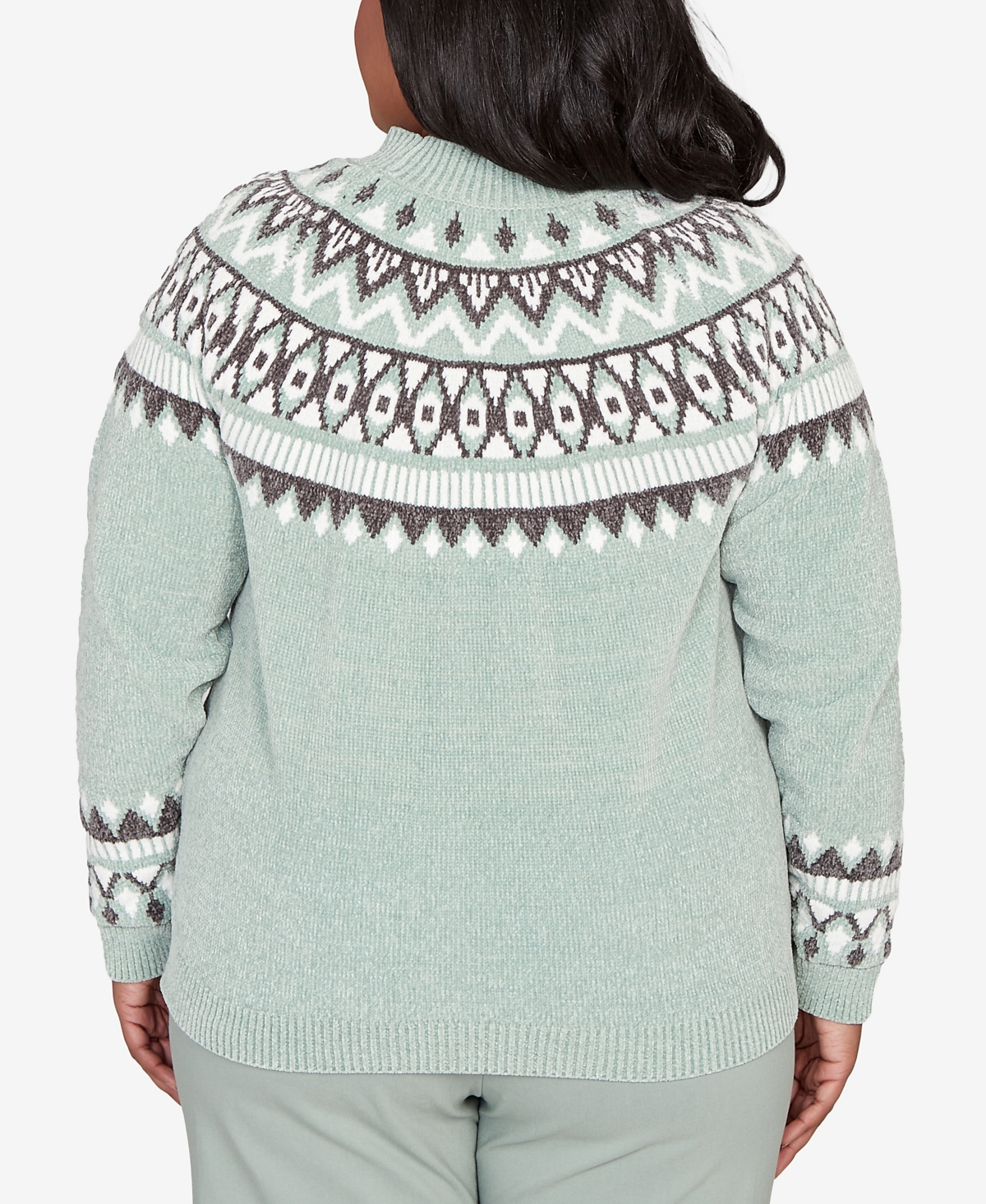 Alfred Dunner Plus Size Stockbridge Fair Isle Pattern Chenille Sweater In Green