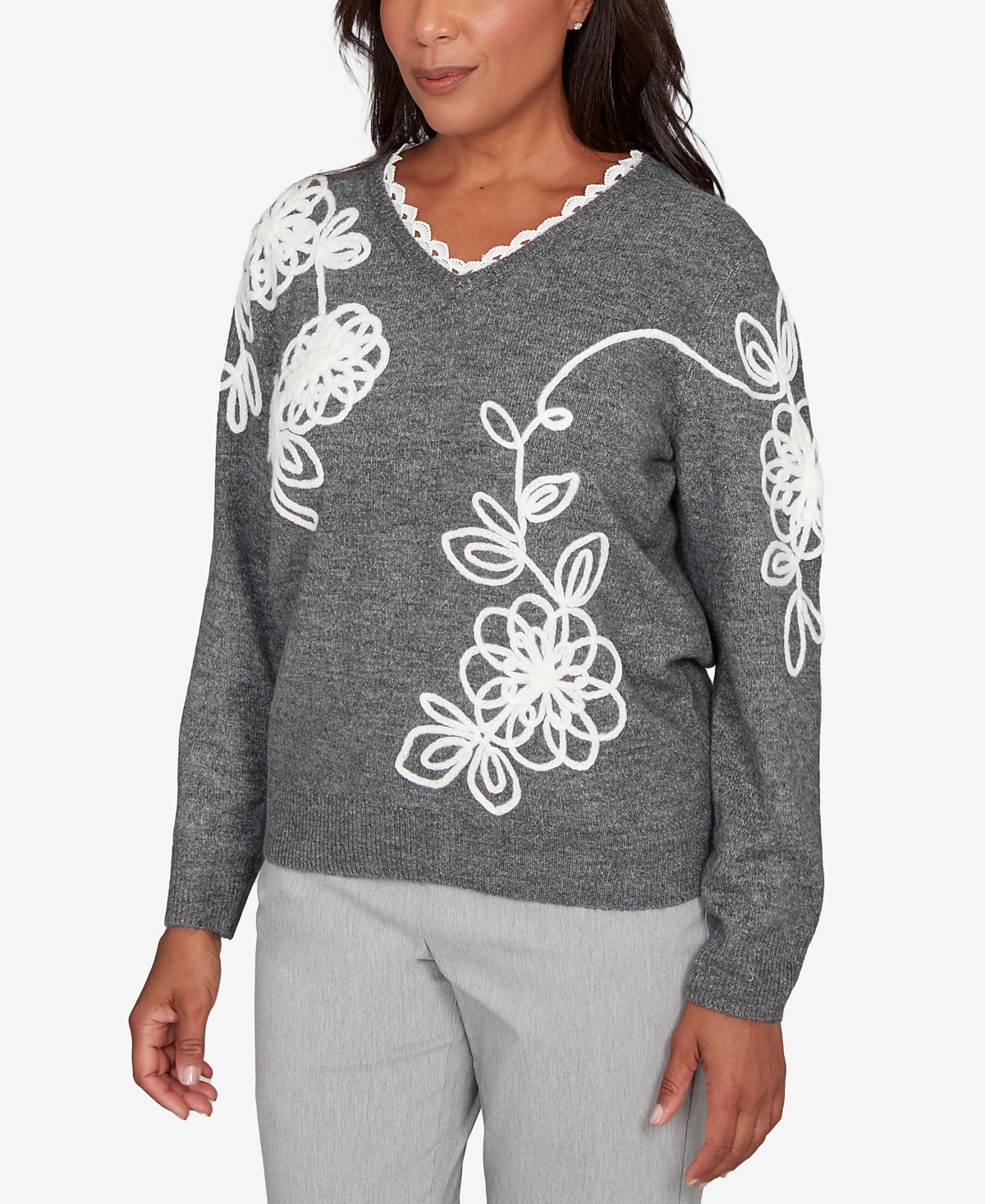 Alfred Dunner Plus Size Stockbridge Ruffle V-neck Floral Soutache Sweater In Gray