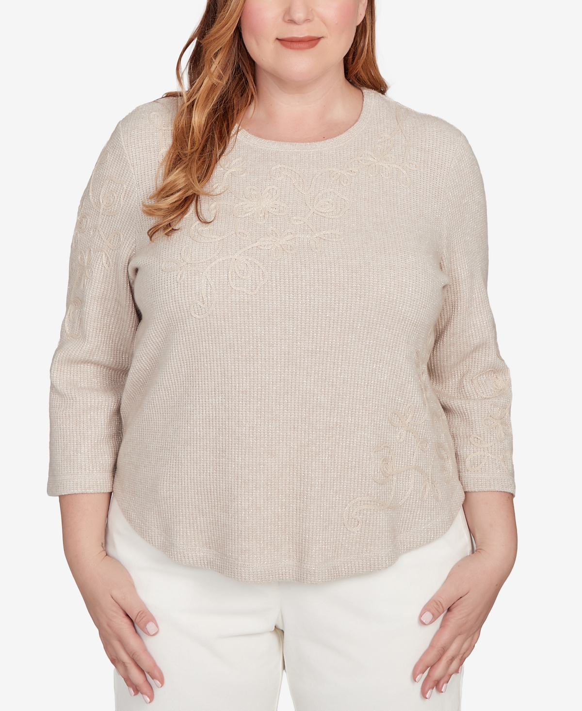 Alfred Dunner Plus Size Vienna Asymmetrical Floral Soutache Knit Top In Brown
