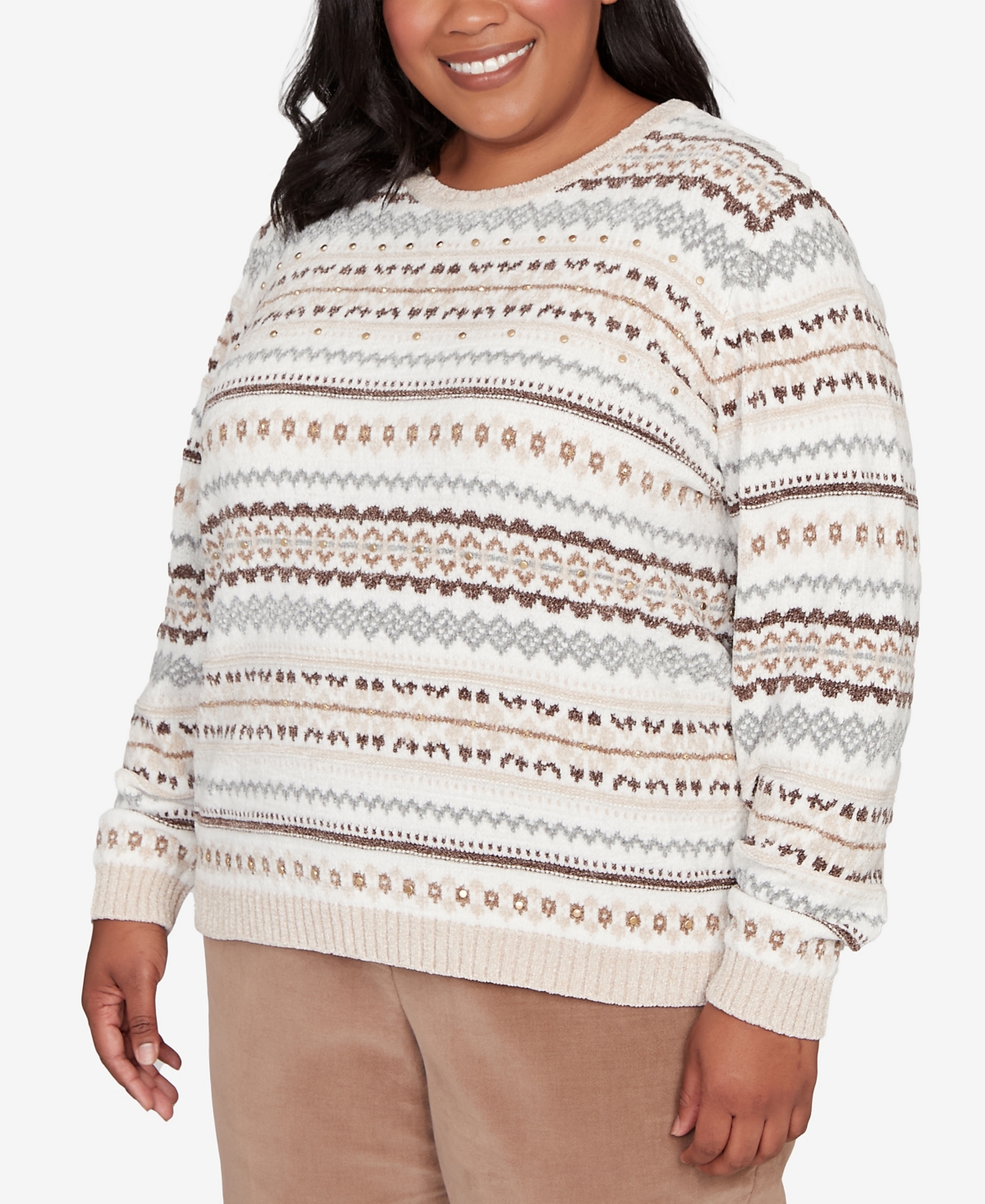 Alfred Dunner Plus Size Vienna Geometric Biadere Striped Chenille Sweater In Brown