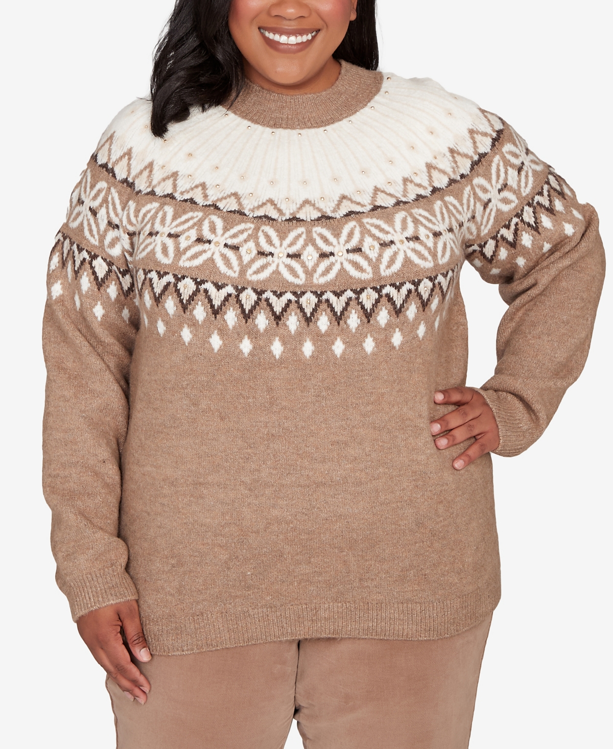 Alfred Dunner Plus Vienna Fair Isle Gold Studded Sweater