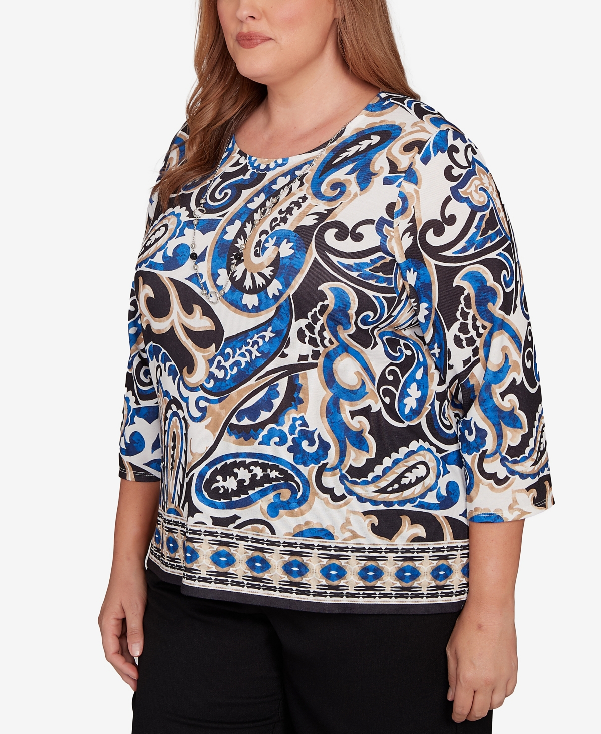 Alfred Dunner Plus Size Barcelona Paisley Knit Top With Necklace In Animal Print