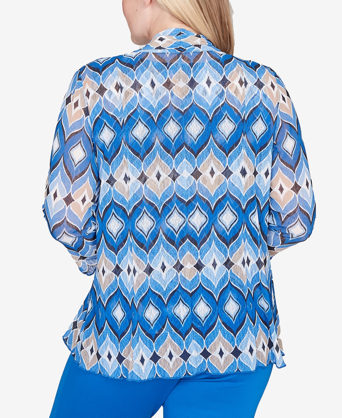 Alfred Dunner Plus Size Barcelona Geometric Mesh 2-in-1 Top With Necklace In Blue